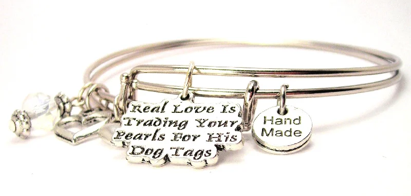 High link bangles-Real Love Is Trading Your Pearls For His Dog Tags Expandable Bangle Bracelet Set