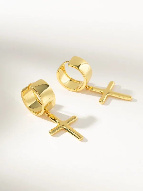 Pink gold earrings-Chunky Cross Huggie Earrings