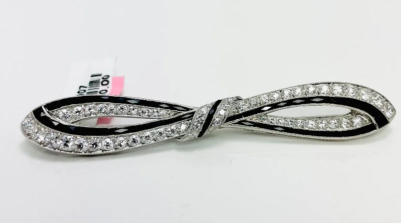 Matte finish brooch-Opulent Art Deco 1930s Platinum Diamond Onyx Brooch