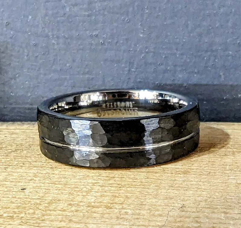 Old cameo rings-Unique & Co 7mm Hammered Black Tungsten Ring