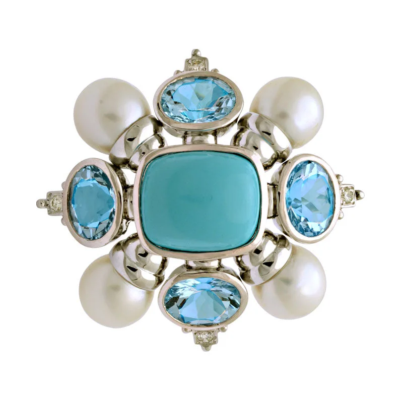 Plaited design brooch-Brooch-Turquoise, Blue Topaz, South Sea Pearl and Diamond