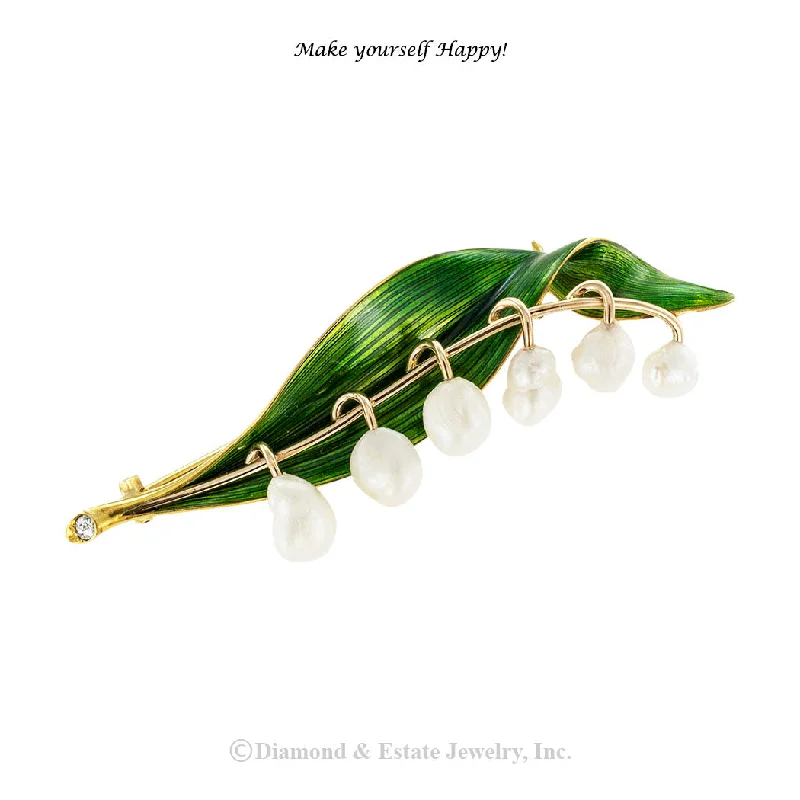 Bold floral brooch-Marcus & Co Lily of The Valley Enamel Gold Pearl Brooch