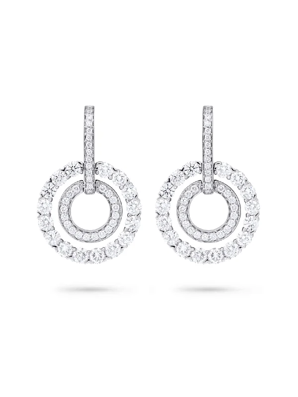 Wave drop earrings-Roulette Double Hoop White Gold Diamond Earrings