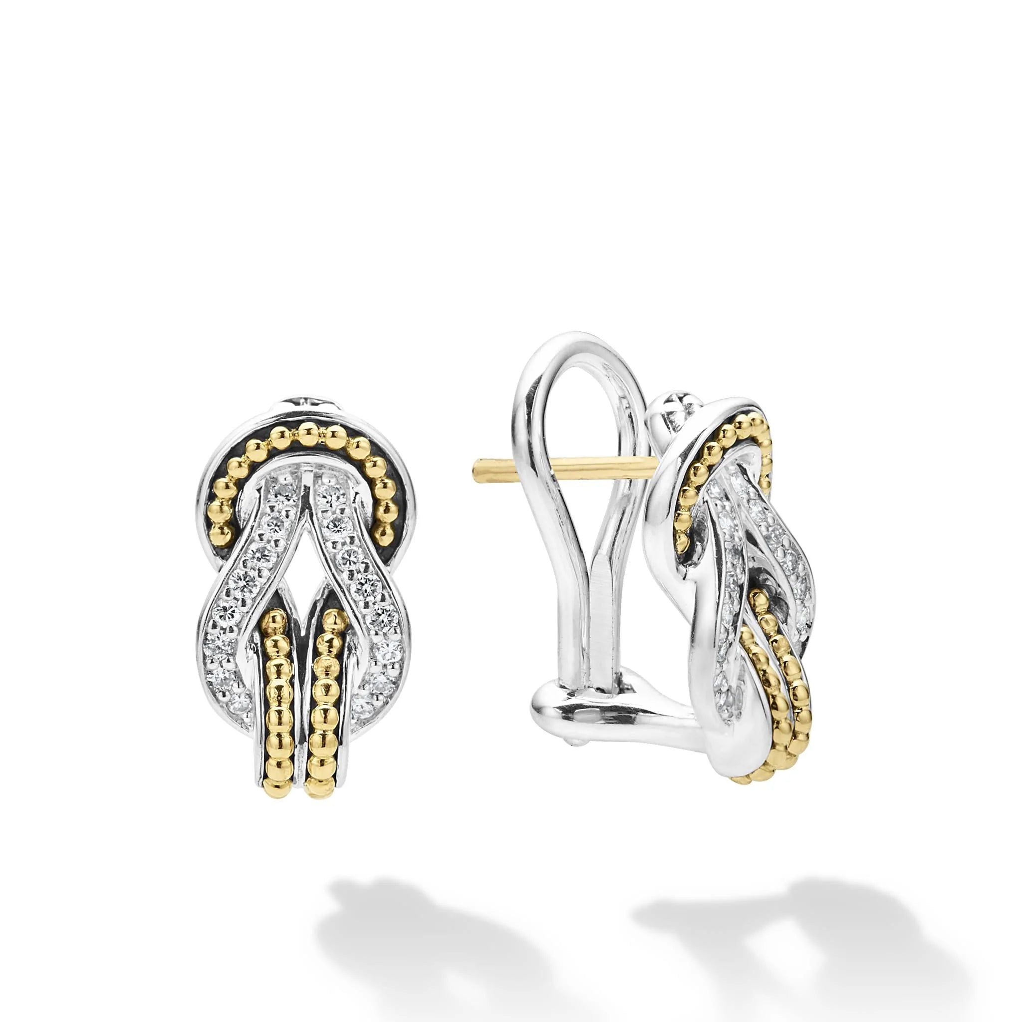 Surf design earrings-Lagos Newport Large Two-Tone Knot Diamond Omega Clip Earrings