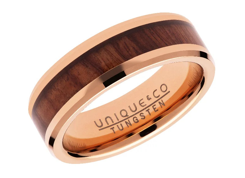 Citrine gem rings-Unique & Co 7mm Tungsten Carbide Ring with Wood Inlay and IP Rose Plating