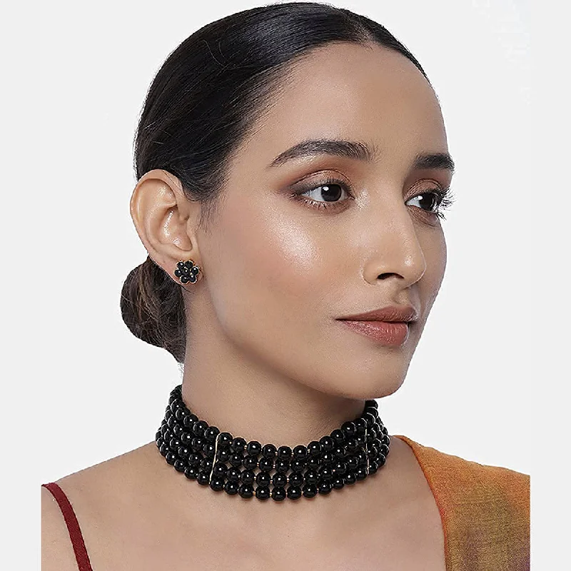 Square shape necklaces-Etnico 18k Gold Plated Traditional Black Pearl Beaded Stylish Moti Choker Necklace Jewellery Set with Stud Earrings for women (ML286B)