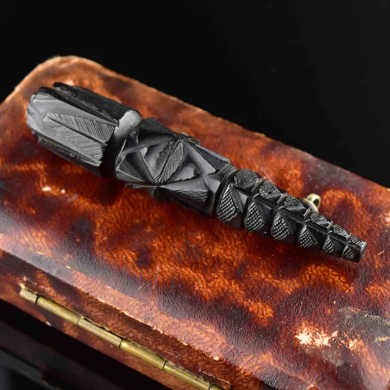 Thai style brooch-Antique Victorian Carved Long Whitby Jet Brooch