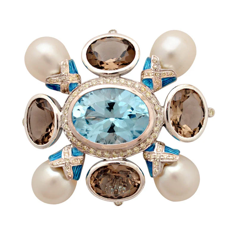 Quartz gem brooch-Brooch-Blue Topaz, Smokey Quartz, South Sea Pearl and Diamond (Enamel)