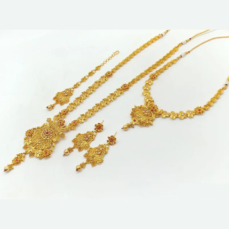 Heavy collar necklaces-Rani Sati Jewels Gold Plated Pota Stone Double Necklace Set