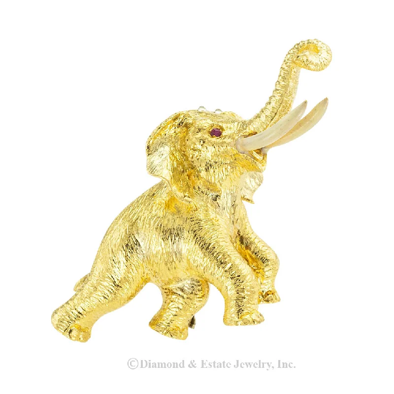 Onyx accent brooch-Ruby Enamel Yellow Gold Elephant Clip Brooch