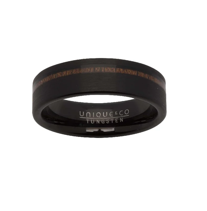 Ripple style rings-Unique & Co Tungsten Ring with a Wood Inlay and Matt Black Finish