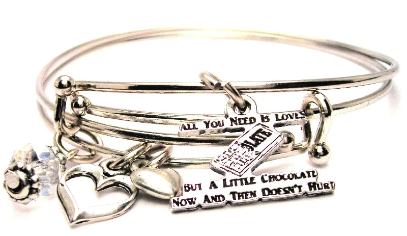 Faith charm bangles-All You Need Is Love But A Little Chocolate Now And Then Doesnt Hurt Expandable Bangle Bracelet Set