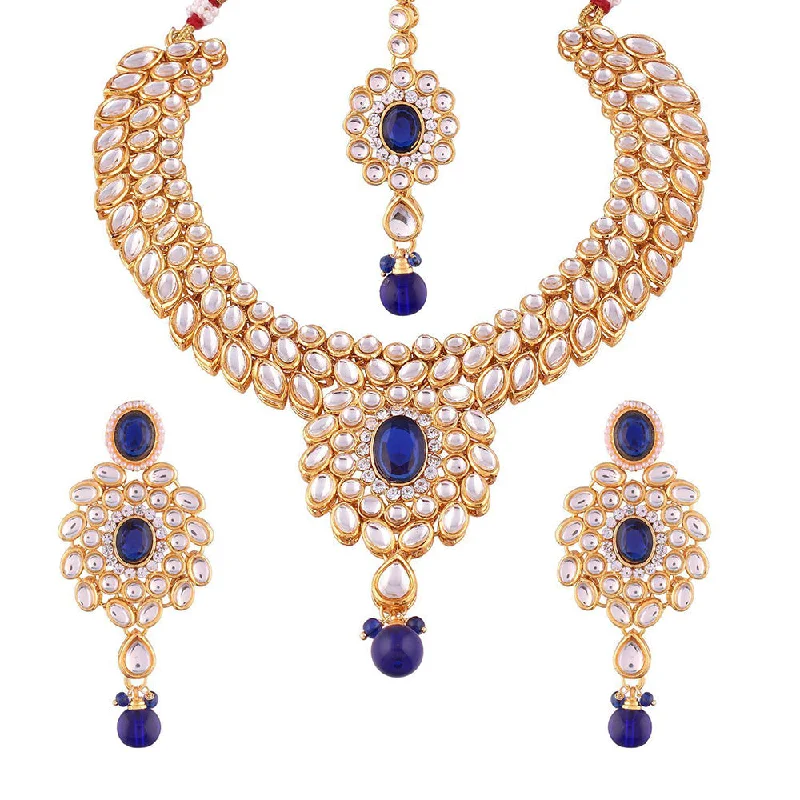 Mixed metal necklaces-Etnico Traditional Gold-Plated Kundan Choker Jewellery Set For Women -Blue (Ij319Bl)