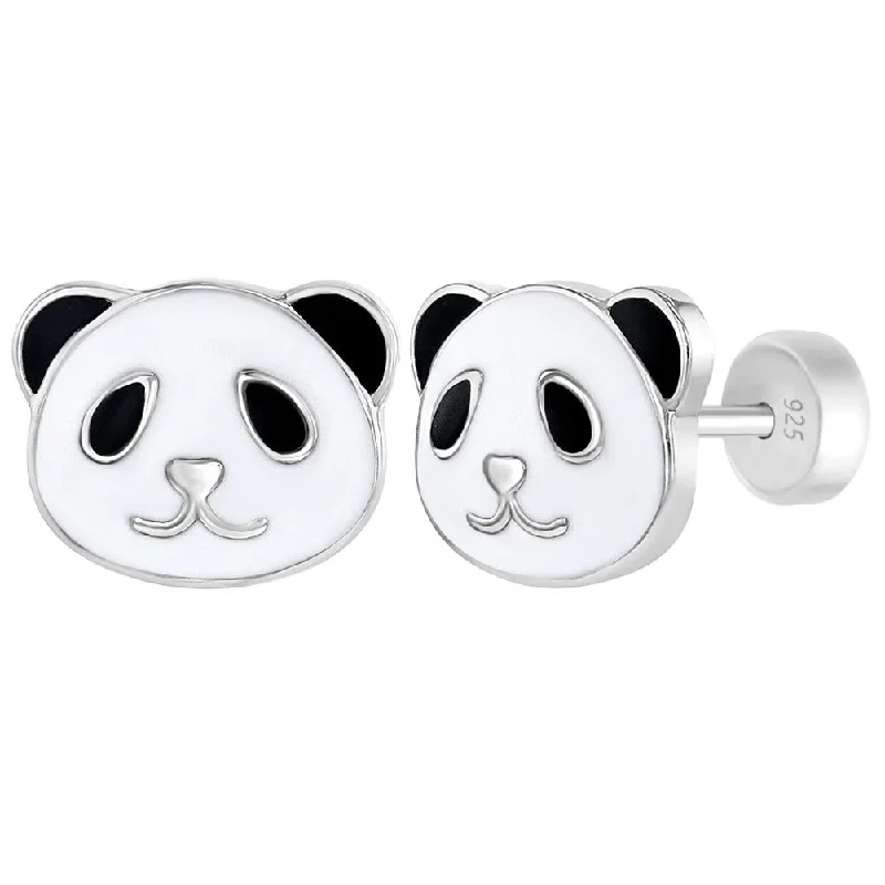 Crystal-twisted earrings-Children's Sterling Silver Panda Enamel Stud Earrings