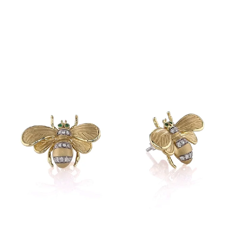 Dove feather earrings-18k Yellow Gold Emerald Eyes and Diamond Bee Stud Earrings