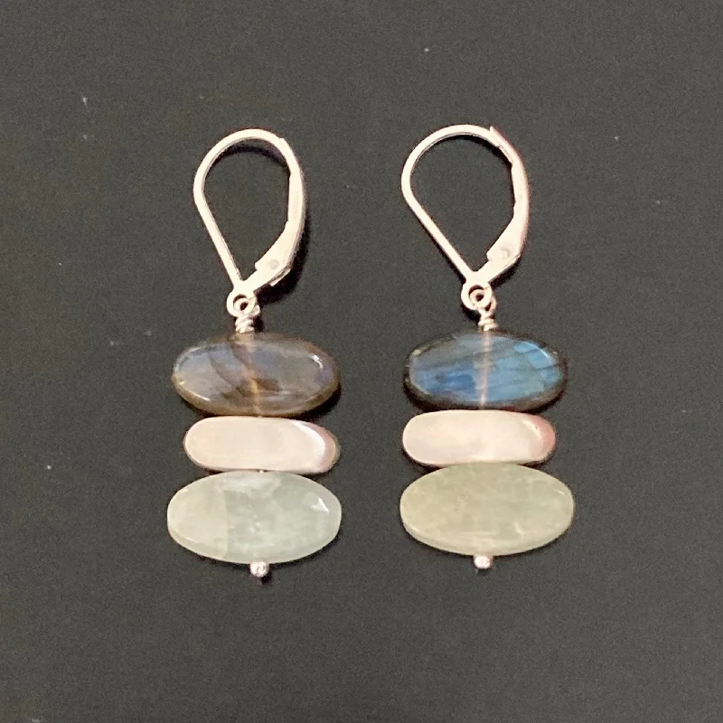 Sapphire gem earrings-Stacked Aquamarine, Labradorite and Brushed Sterling Silver Stone Earrings