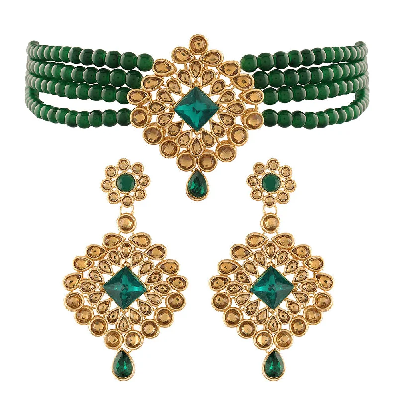 Lapis gem necklaces-Etnico 18K Gold Plated Traditional Kundan with Beads Choker Necklace Jewellery Set for Women/Girls (ML266GFL)