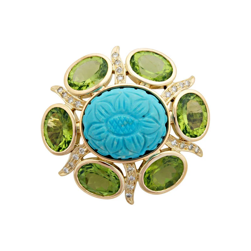 Antique bronze brooch-Brooch-Turquoise, Peridot and Diamond