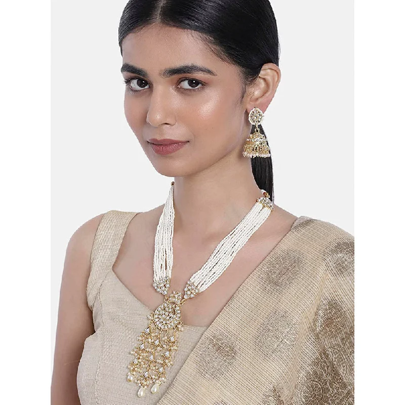 Light filigree necklaces-Etnico18k Gold Plated Traditional Multistrand Pearl Kundan Studded Necklace Jewellery Set For Women (ML308W)