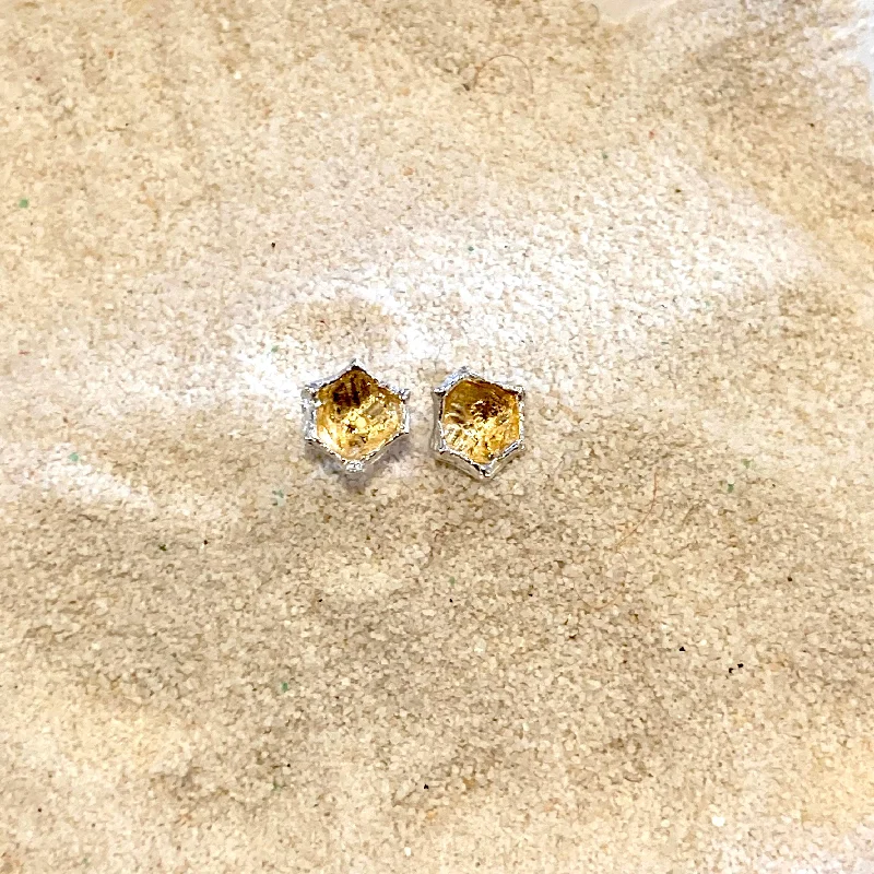 Sleek hoop earrings-Honeycomb 14K Gold and Sterling Silver Post Earrings