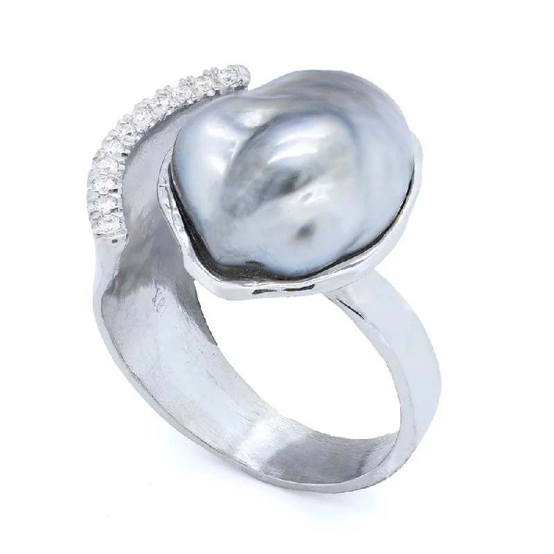 Polished stone rings-Asymmetrical Keshi Tahitian Pearl RING WITH DIAMONDS ARCH