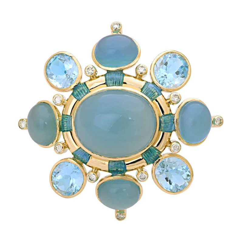 Warm wood brooch-Brooch- Chalcedony, Blue Topaz and Diamond (Enamel)