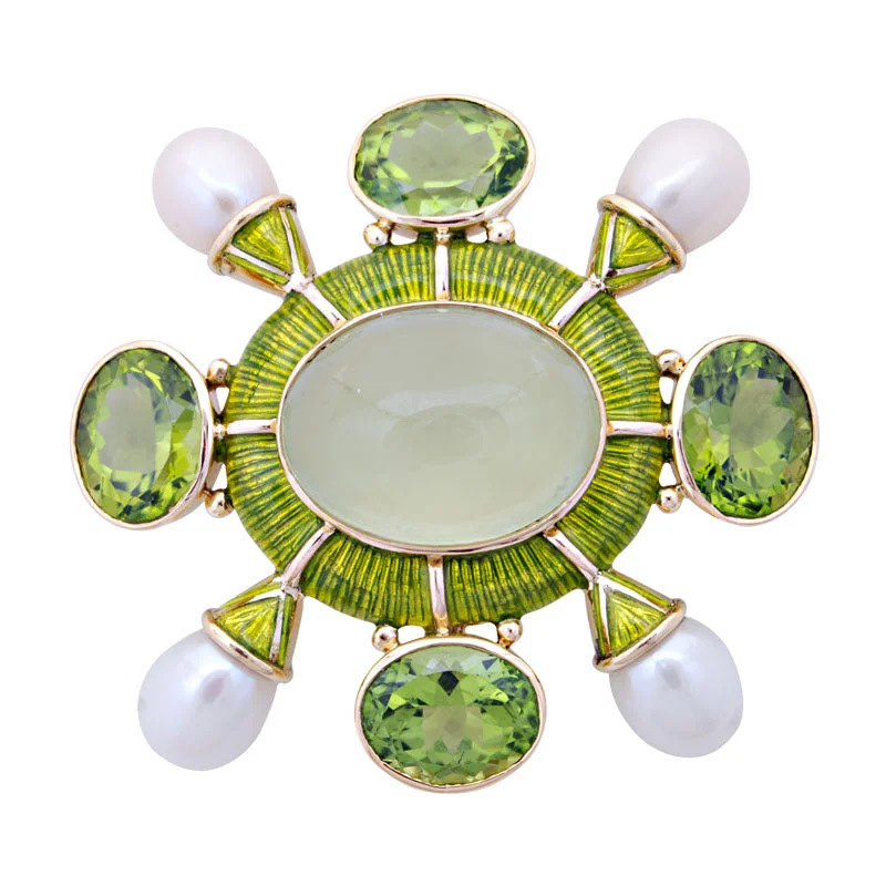 Sleek modern brooch-Brooch-Prehnite, Peridot and Pearl (Enamel)