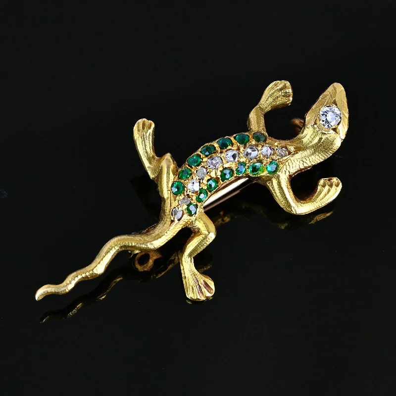 Art deco brooch-Antique Emerald & Rose Cut Diamond Salamander Brooch in 14K Gold