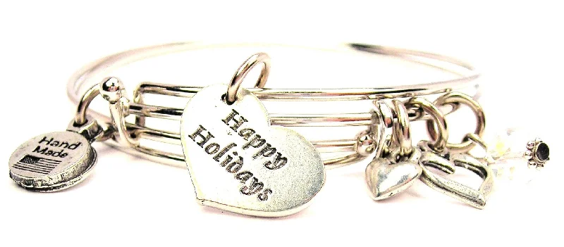 Custom word bangles-Happy Holidays Accent Heart Expandable Bangle Bracelet Set