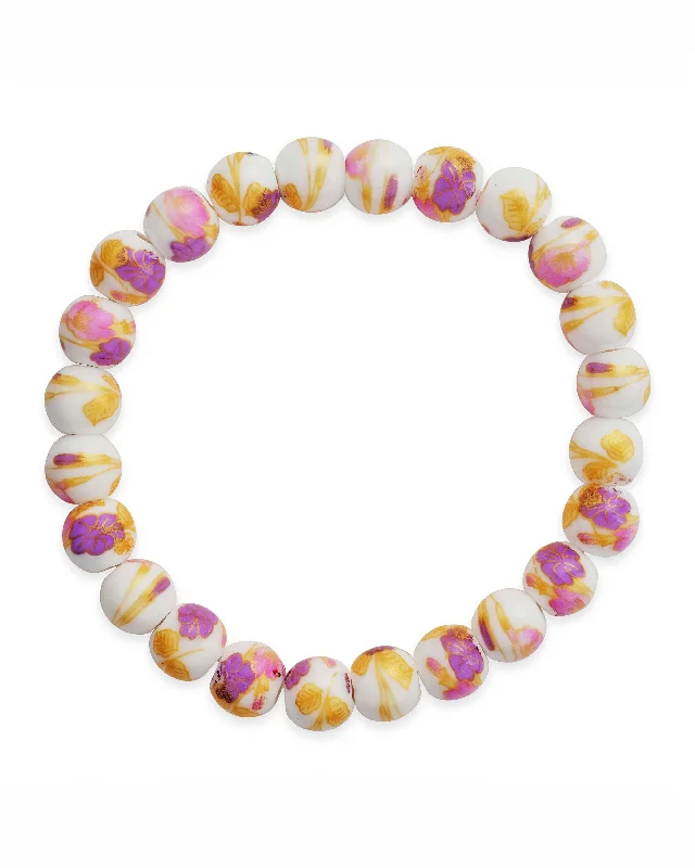 Dainty charm bangles-White Floral Beaded Stretch Bracelet