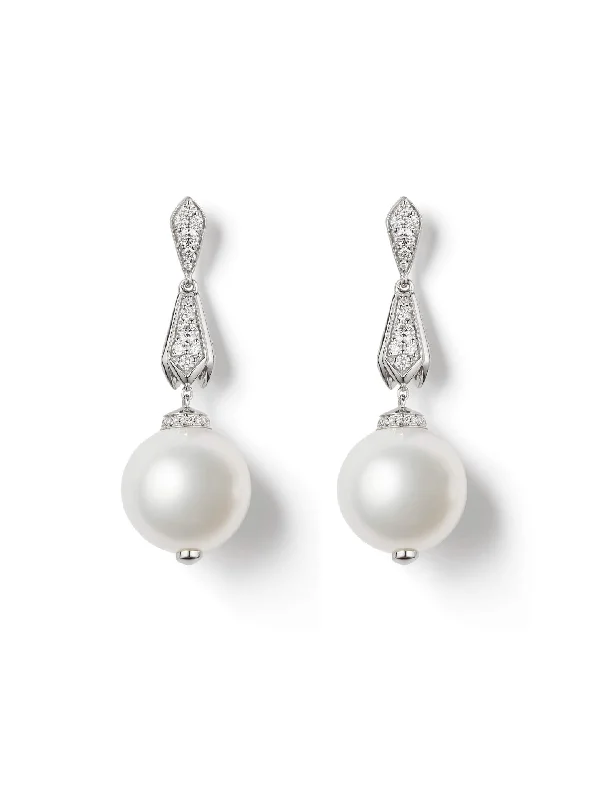 Petal design earrings-Secret Garden Pearl Diamond White Gold Drop Earrings