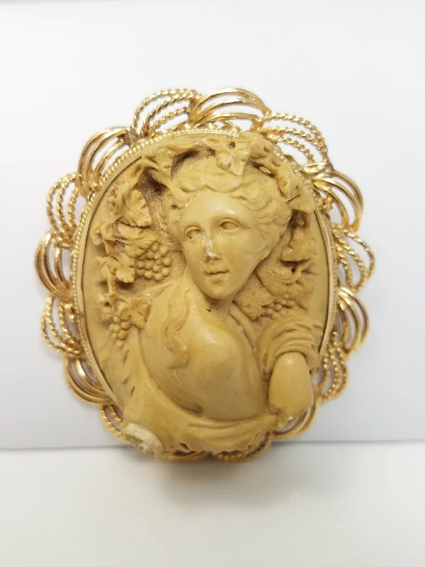 Oval shape brooch-Outrageous Victorian 14k Yellow Gold Lava Cameo Brooch Pendant