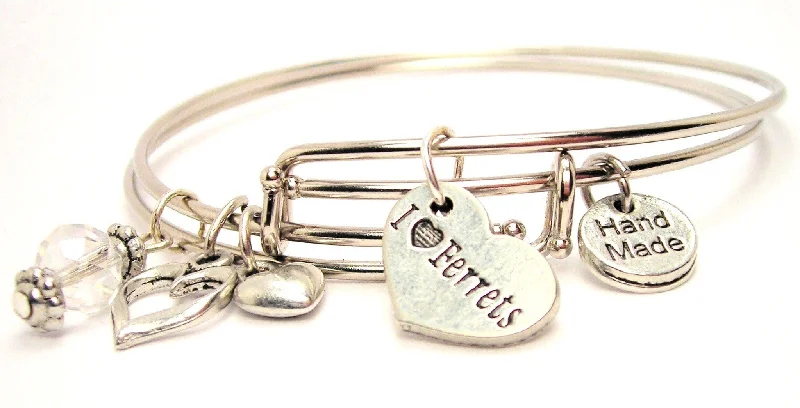 Retro deco bangles-I Love Ferrets Heart Expandable Bangle Bracelet Set