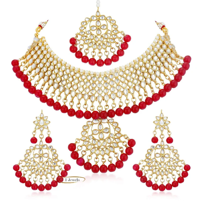 Tribal coin necklaces-Etnico 18K Gold Plated Traditional Kundan & Pearl Studded Choker Necklace Jewellery Set with Earrings & Maang Tikka For Women (K7058R)