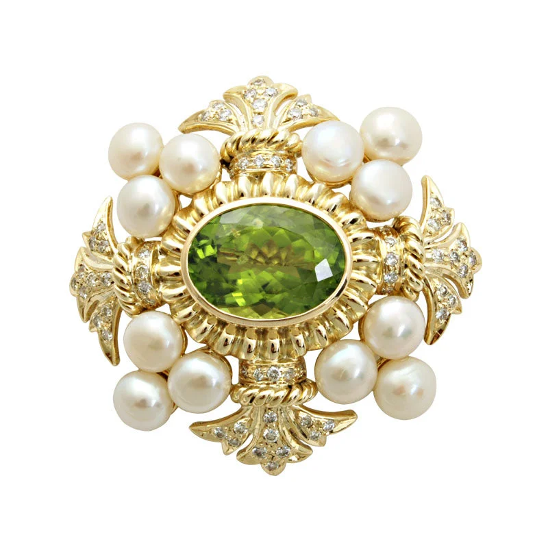 Satin finish brooch-Brooch-Peridot, Pearl and Diamond