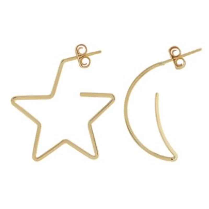 Thick stud earrings-14k Yellow Gold Moon & Star Hoop Earrings